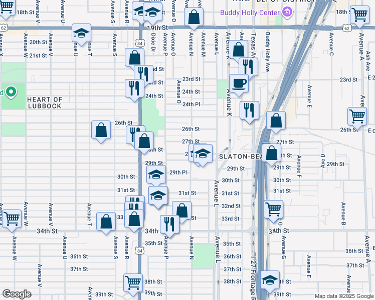 map of restaurants, bars, coffee shops, grocery stores, and more near 1505 28th Street in Lubbock