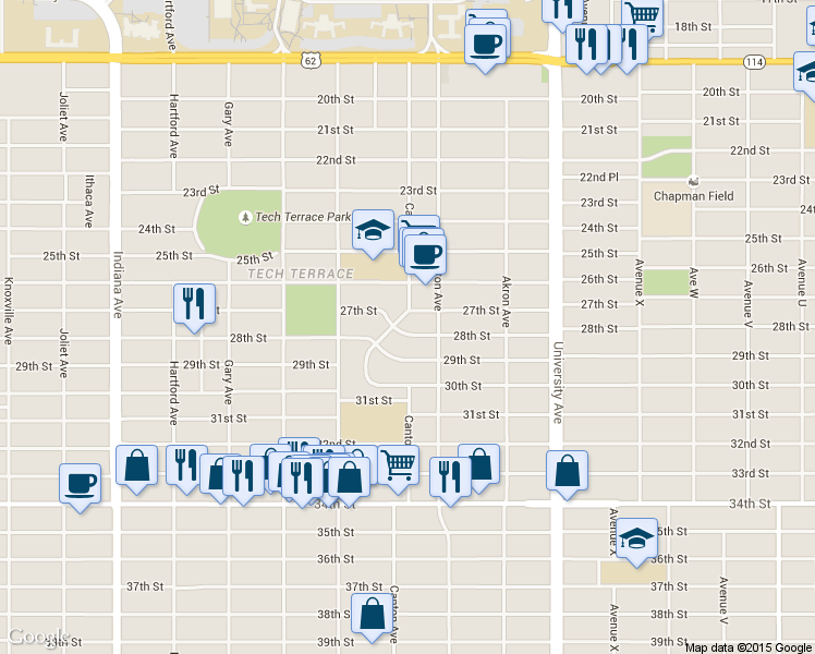 map of restaurants, bars, coffee shops, grocery stores, and more near 2720 29th Street in Lubbock