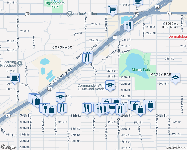 map of restaurants, bars, coffee shops, grocery stores, and more near 4607 28th St in Lubbock