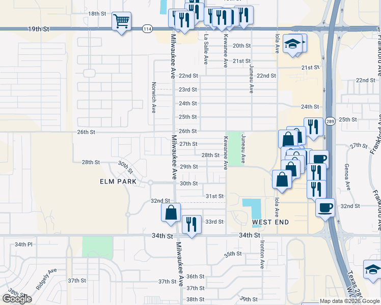 map of restaurants, bars, coffee shops, grocery stores, and more near 6342 29th Street in Lubbock