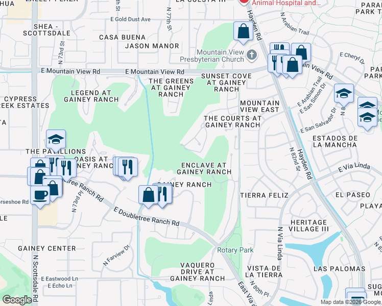 map of restaurants, bars, coffee shops, grocery stores, and more near 7760 East Gainey Ranch Road in Scottsdale