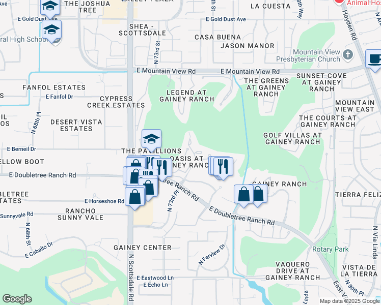 map of restaurants, bars, coffee shops, grocery stores, and more near 7222 East Gainey Ranch Road in Scottsdale