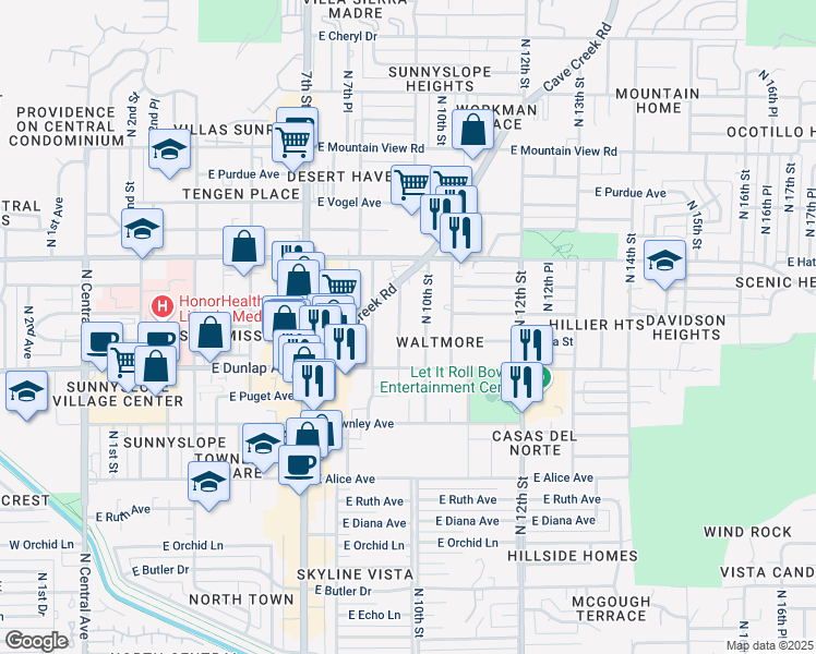 map of restaurants, bars, coffee shops, grocery stores, and more near 9021 North 10th Street in Phoenix