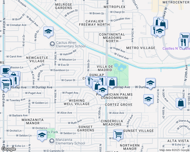 map of restaurants, bars, coffee shops, grocery stores, and more near 3522 West Dunlap Avenue in Phoenix