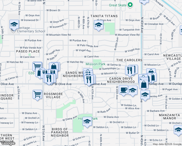 map of restaurants, bars, coffee shops, grocery stores, and more near 4720 West Eva Street in Glendale