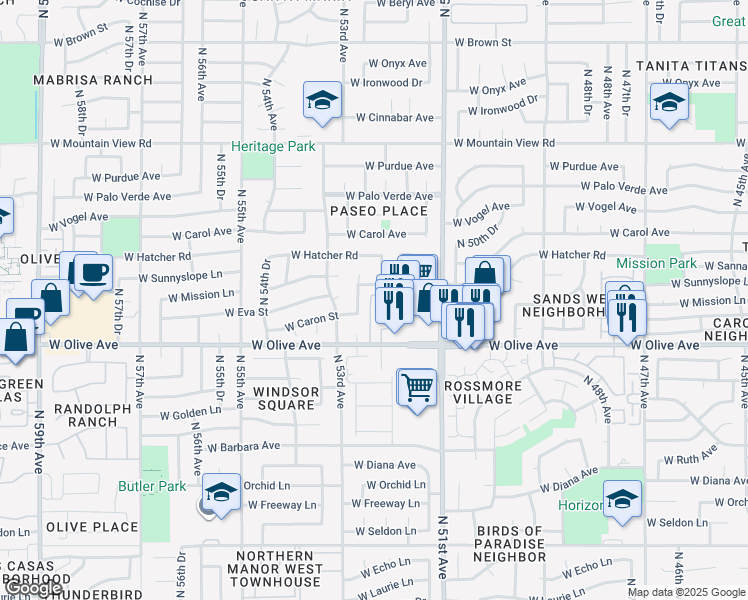 map of restaurants, bars, coffee shops, grocery stores, and more near 9030 North 51st Lane in Glendale
