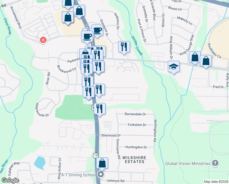 map of restaurants, bars, coffee shops, grocery stores, and more near 633 Georgetown Court in Jonesboro