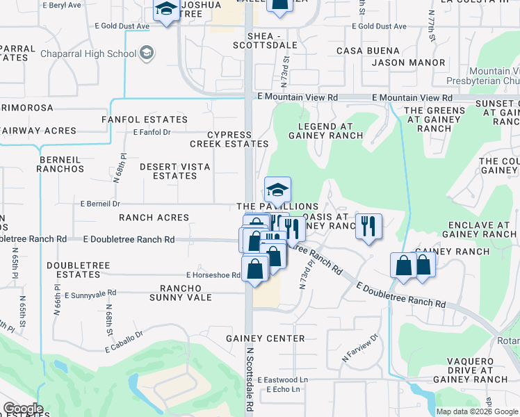 map of restaurants, bars, coffee shops, grocery stores, and more near 7337 East Gainey Ranch Road in Scottsdale