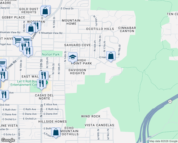 map of restaurants, bars, coffee shops, grocery stores, and more near North 16th Street in Phoenix