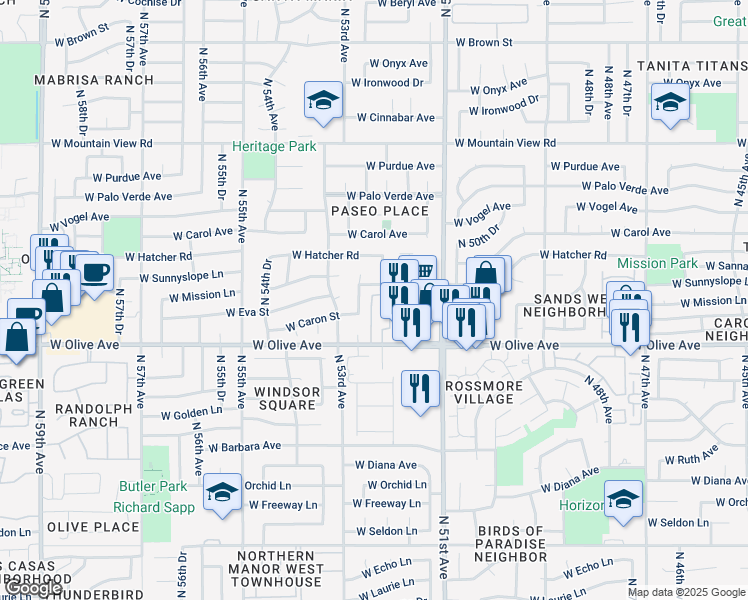 map of restaurants, bars, coffee shops, grocery stores, and more near 9030 North 51st Lane in Glendale