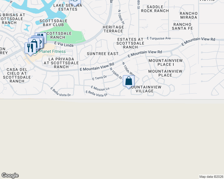 map of restaurants, bars, coffee shops, grocery stores, and more near 10567 East Mission Lane in Scottsdale