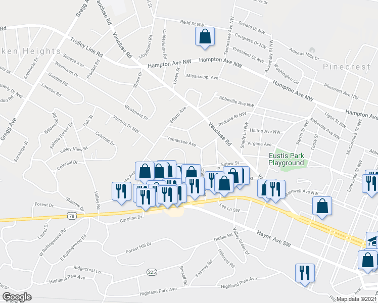 map of restaurants, bars, coffee shops, grocery stores, and more near 127 Kalmia Circle in Aiken