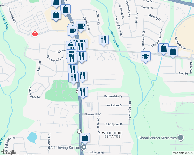 map of restaurants, bars, coffee shops, grocery stores, and more near 633 Georgetown Court in Jonesboro