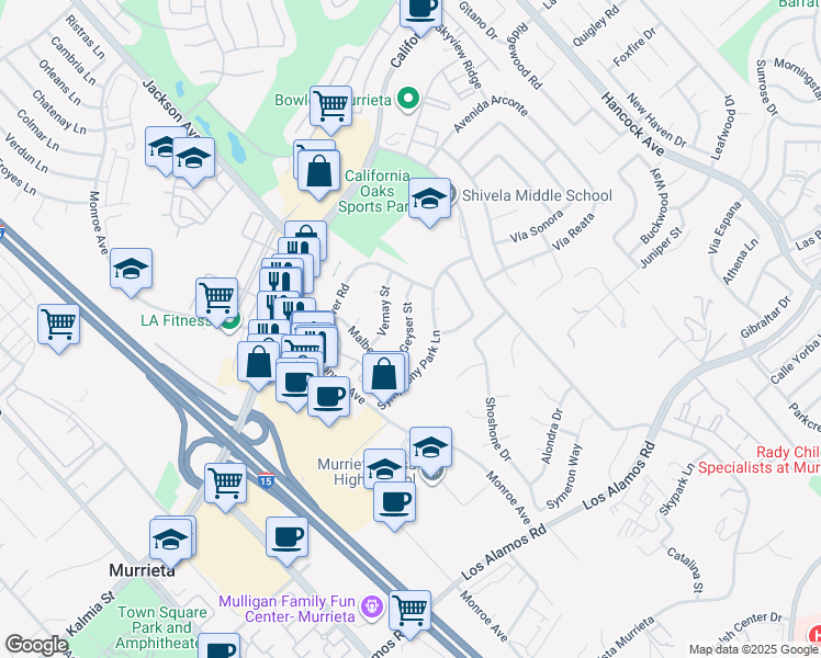 map of restaurants, bars, coffee shops, grocery stores, and more near 40628 Geyser Street in Murrieta