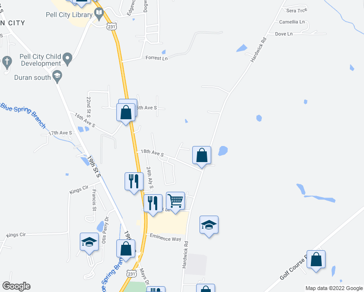 map of restaurants, bars, coffee shops, grocery stores, and more near 1707 25th Street in Pell City