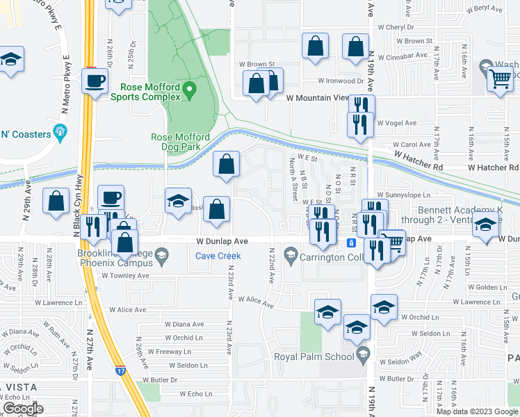 map of restaurants, bars, coffee shops, grocery stores, and more near West Mission Lane & North 22nd Avenue in Phoenix