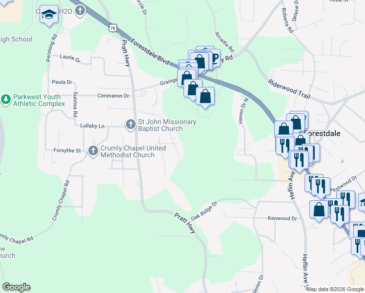 map of restaurants, bars, coffee shops, grocery stores, and more near 1923 Hanchey Road in Birmingham