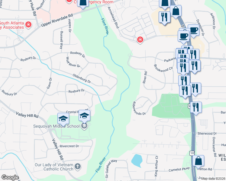 map of restaurants, bars, coffee shops, grocery stores, and more near 6786 Rambo Court in Riverdale