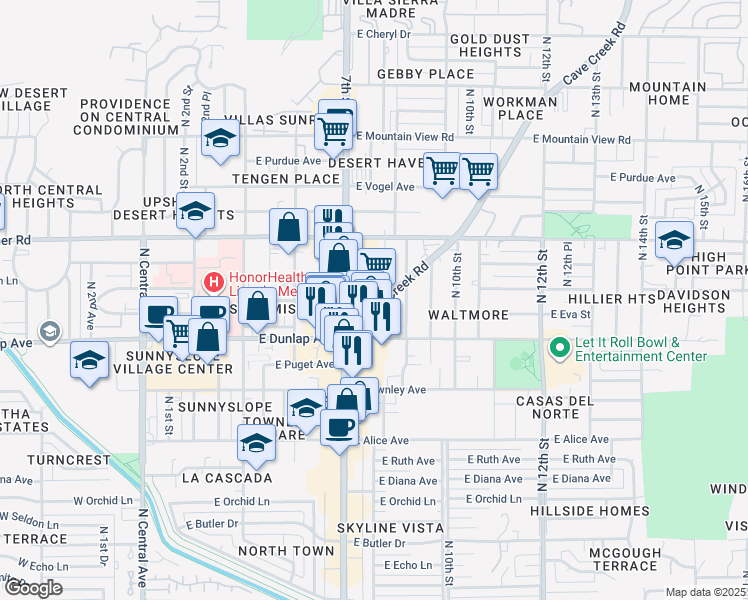 map of restaurants, bars, coffee shops, grocery stores, and more near 733 East Barnes Street in Phoenix