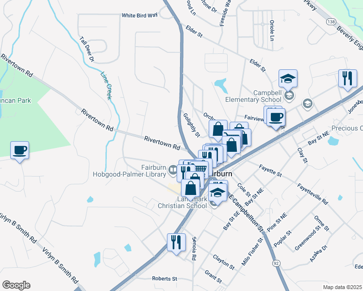 map of restaurants, bars, coffee shops, grocery stores, and more near 104 West Campbellton Street in Fairburn