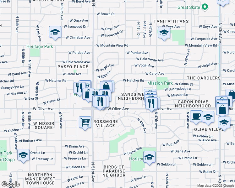 map of restaurants, bars, coffee shops, grocery stores, and more near 9021 North 49th Drive in Glendale