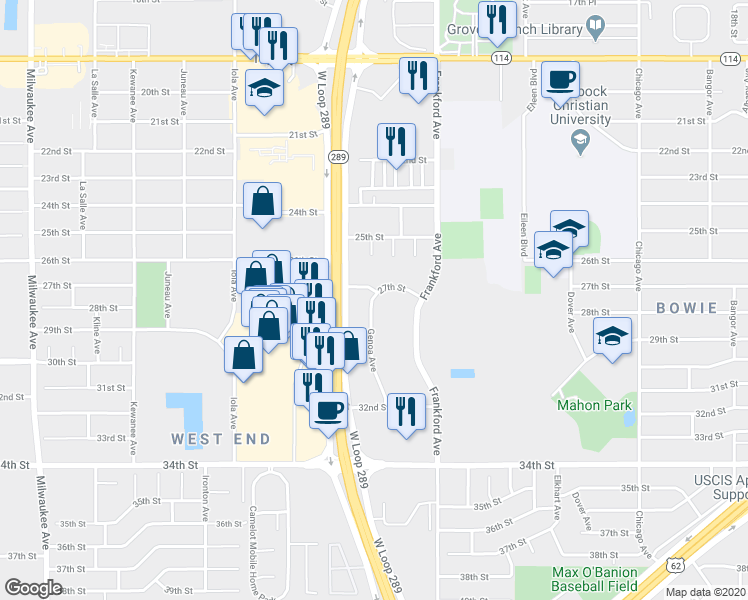 map of restaurants, bars, coffee shops, grocery stores, and more near in Lubbock