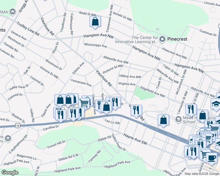 map of restaurants, bars, coffee shops, grocery stores, and more near 3013 Vaucluse Road in Aiken