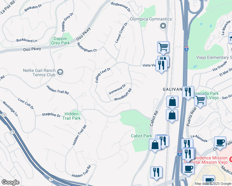 map of restaurants, bars, coffee shops, grocery stores, and more near 27088 Ironwood Drive in Laguna Hills