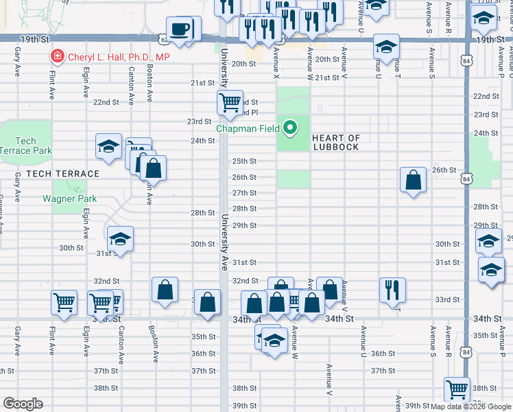 map of restaurants, bars, coffee shops, grocery stores, and more near 2408 29th Street in Lubbock