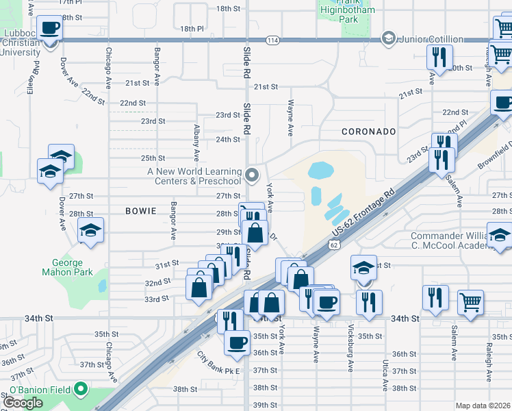 map of restaurants, bars, coffee shops, grocery stores, and more near 2803 Slide Road in Lubbock