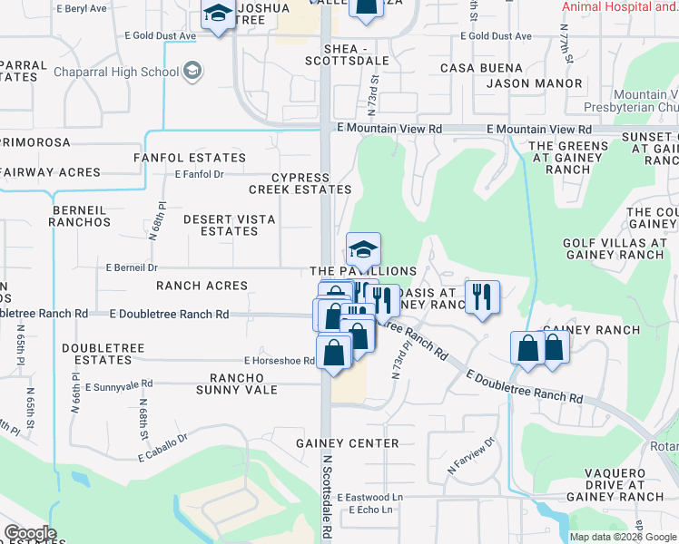 map of restaurants, bars, coffee shops, grocery stores, and more near 7337 East Gainey Ranch Road in Scottsdale