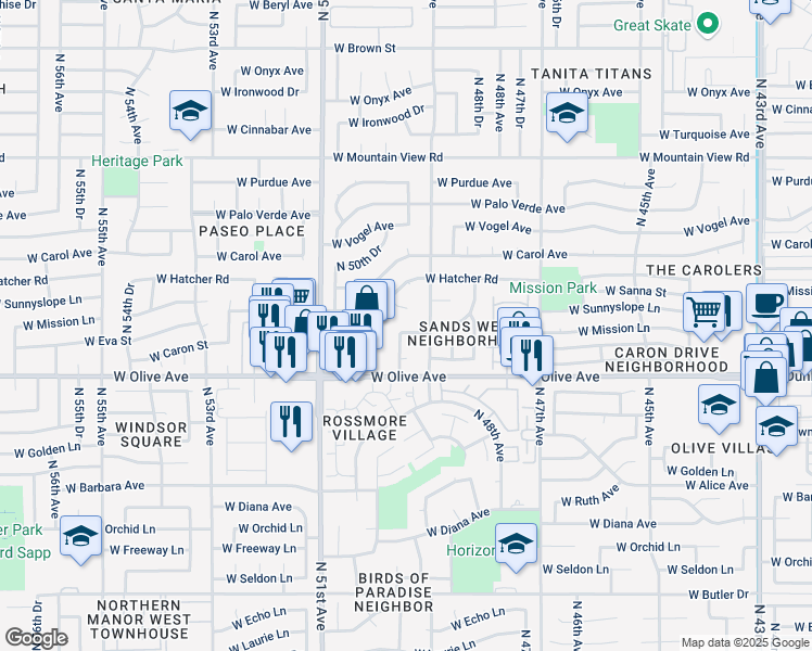 map of restaurants, bars, coffee shops, grocery stores, and more near 9021 North 49th Drive in Glendale