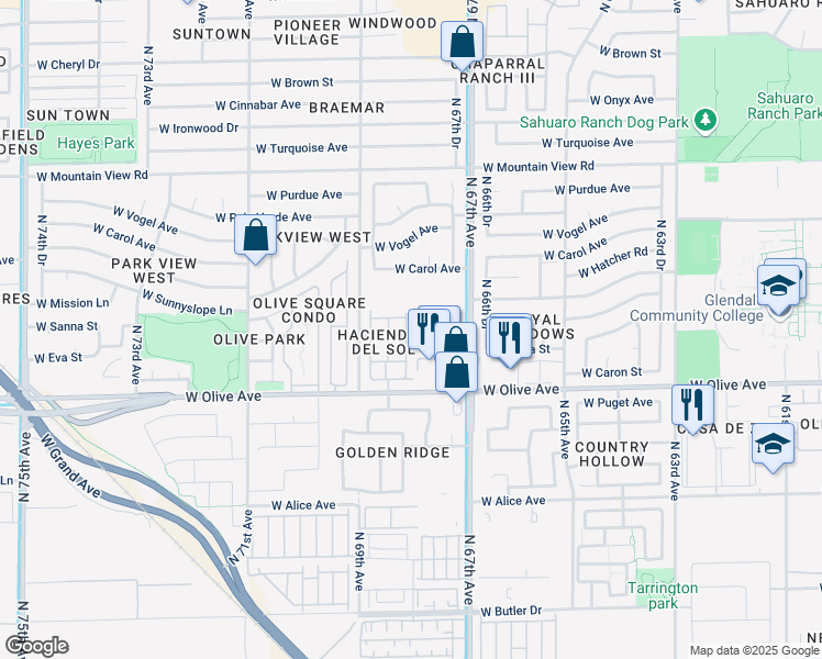 map of restaurants, bars, coffee shops, grocery stores, and more near 6750 West Olive Avenue in Peoria