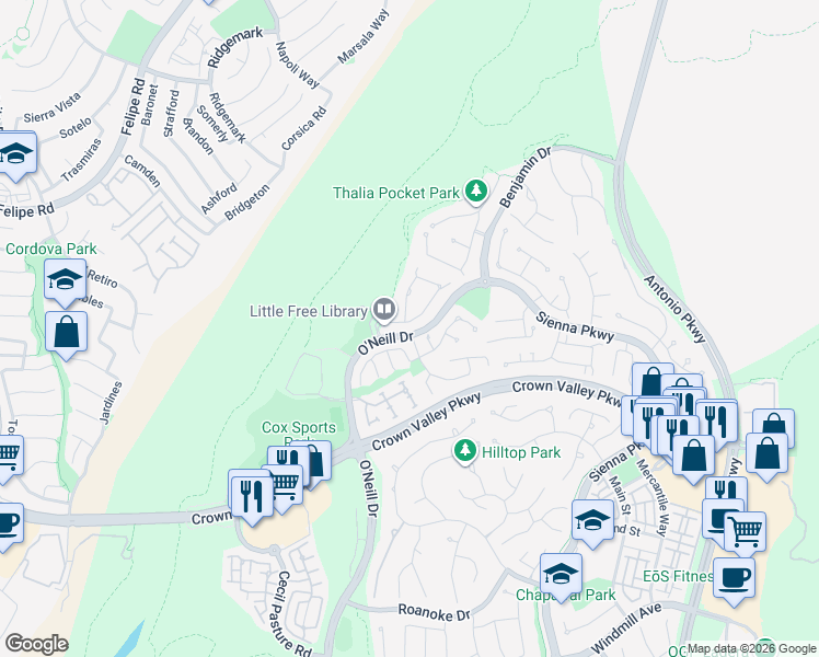 map of restaurants, bars, coffee shops, grocery stores, and more near 42 Dawnwood in Ladera Ranch