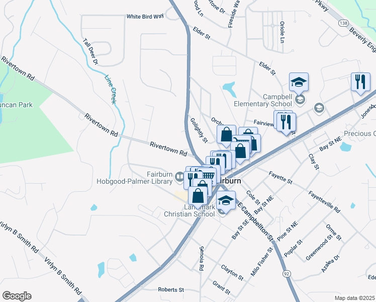 map of restaurants, bars, coffee shops, grocery stores, and more near 104 West Campbellton Street in Fairburn