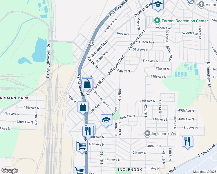 map of restaurants, bars, coffee shops, grocery stores, and more near 4300 Harmon Street in Birmingham