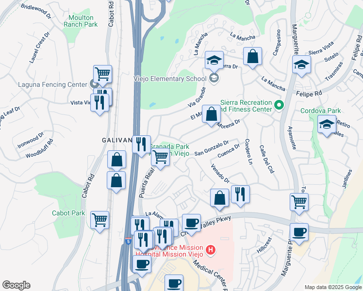 map of restaurants, bars, coffee shops, grocery stores, and more near 26521 San Gonzalo Drive in Mission Viejo
