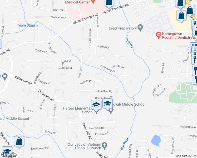 map of restaurants, bars, coffee shops, grocery stores, and more near 537 Roxbury Drive in Riverdale