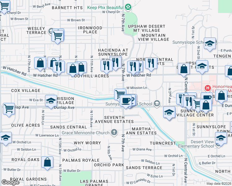 map of restaurants, bars, coffee shops, grocery stores, and more near 712 West Dunlap Avenue in Phoenix