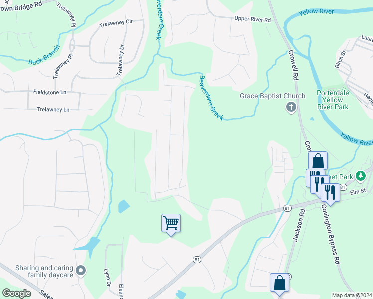 map of restaurants, bars, coffee shops, grocery stores, and more near 110 Heaton Place Trail in Covington