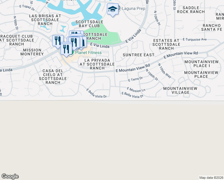 map of restaurants, bars, coffee shops, grocery stores, and more near 9055 East Bella Vista Drive in Scottsdale