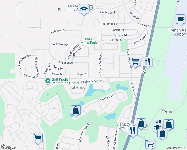 map of restaurants, bars, coffee shops, grocery stores, and more near 29488 Pebble Beach Drive in Murrieta