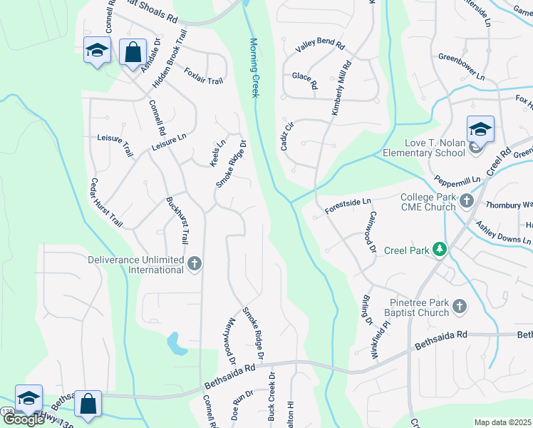map of restaurants, bars, coffee shops, grocery stores, and more near 6753 Merrywood Drive in Fairburn
