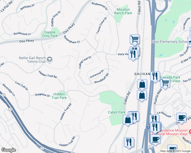 map of restaurants, bars, coffee shops, grocery stores, and more near 27088 Ironwood Drive in Laguna Hills
