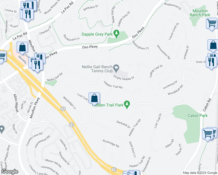 map of restaurants, bars, coffee shops, grocery stores, and more near 27101 Shenandoah Drive in Laguna Hills
