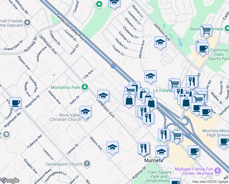 map of restaurants, bars, coffee shops, grocery stores, and more near 41278 Winterberry Street in Murrieta