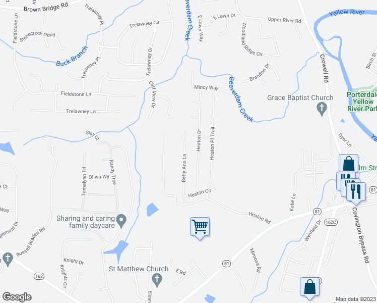 map of restaurants, bars, coffee shops, grocery stores, and more near 140 Bethany Road in Covington