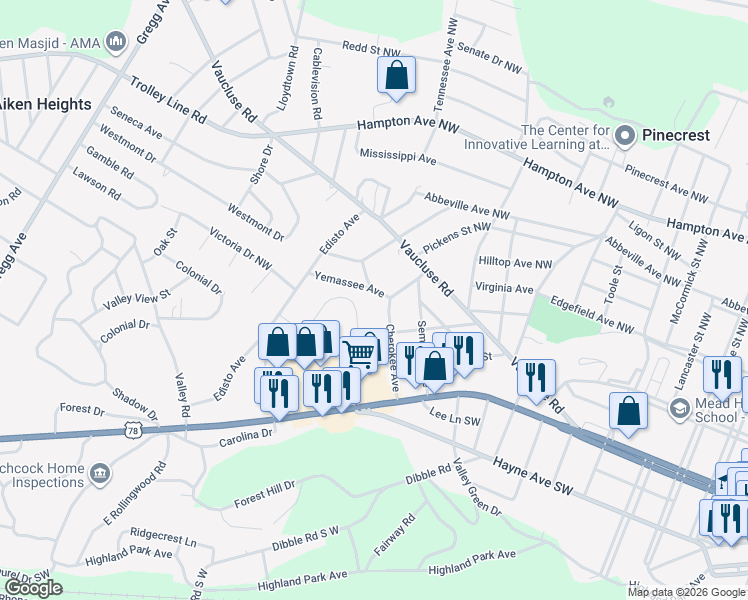 map of restaurants, bars, coffee shops, grocery stores, and more near 3102 Yemassee Avenue in Aiken