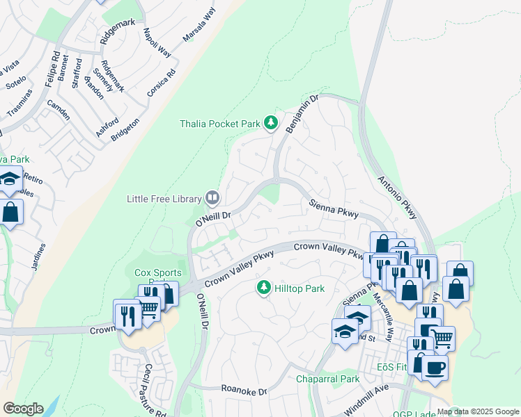 map of restaurants, bars, coffee shops, grocery stores, and more near 78 Dawnwood in Ladera Ranch