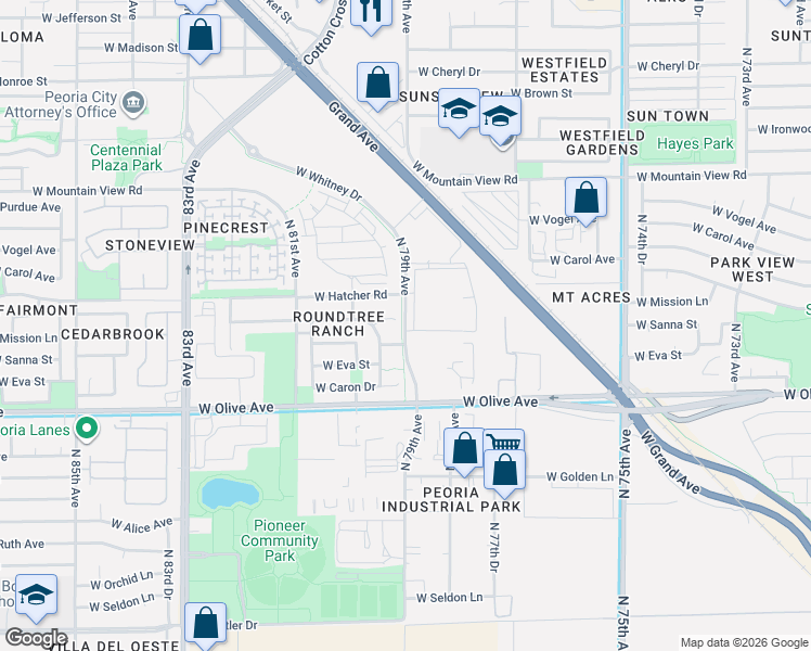 map of restaurants, bars, coffee shops, grocery stores, and more near 9276 North 79th Avenue in Peoria